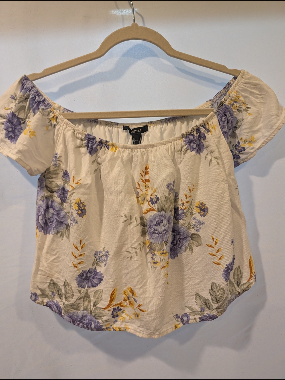 Forever 21 Cream Off-Shoulder Crop Top Purple & Yellow Floral Print BOHO